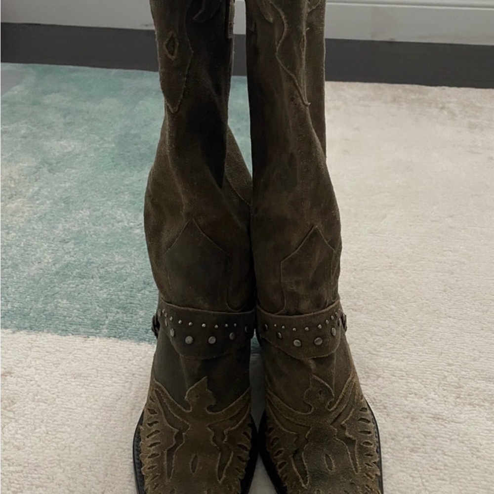 Embroidered Tall Boots with Studded Strap